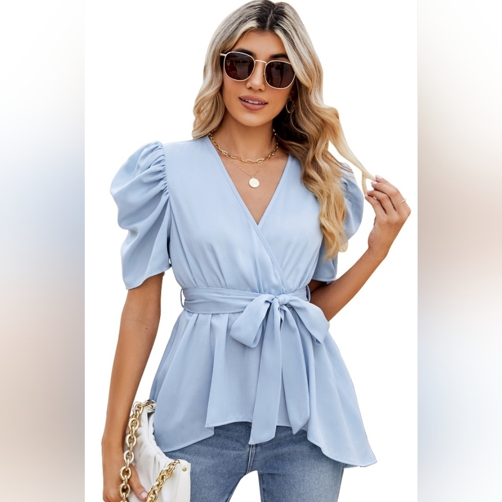 New! Womens Large vneck soft sky blue peplum wrap blouse with puff sleeves